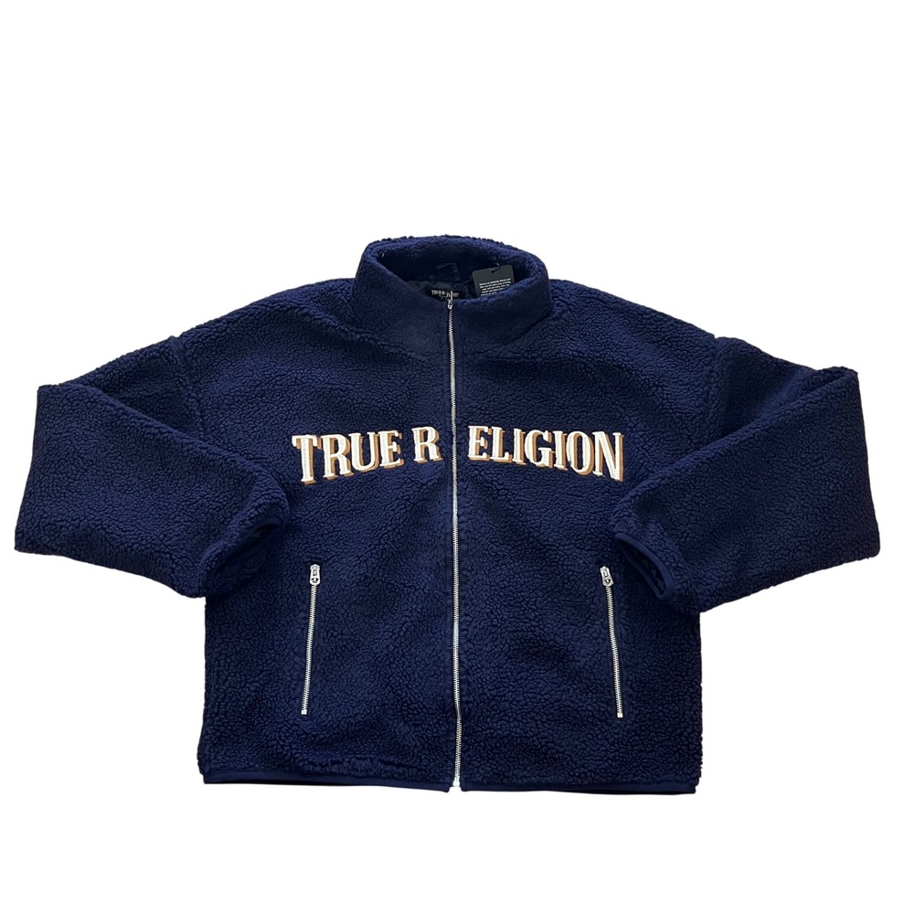 True Religion Mens TR Logo Sherpa Jacket Eclipse Navy Blue Fleece 110299 Size L